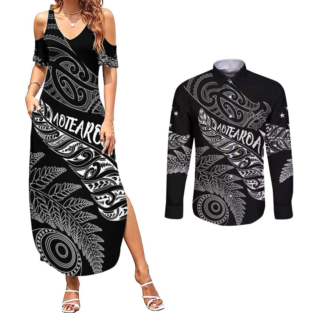 Aotearoa Personalized Lawn Bowls Maori Couples Matching Summer Maxi Dress and Long Sleeve Button Shirt New Zealand Black Tribal Silver Fern - Polynesian Pride
