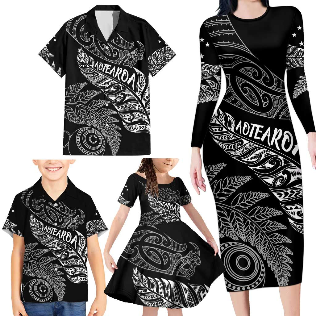 Aotearoa Personalized Lawn Bowls Maori Family Matching Long Sleeve Bodycon Dress and Hawaiian Shirt New Zealand Black Tribal Silver Fern - Polynesian Pride