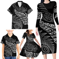 Aotearoa Personalized Lawn Bowls Maori Family Matching Long Sleeve Bodycon Dress and Hawaiian Shirt New Zealand Black Tribal Silver Fern - Polynesian Pride