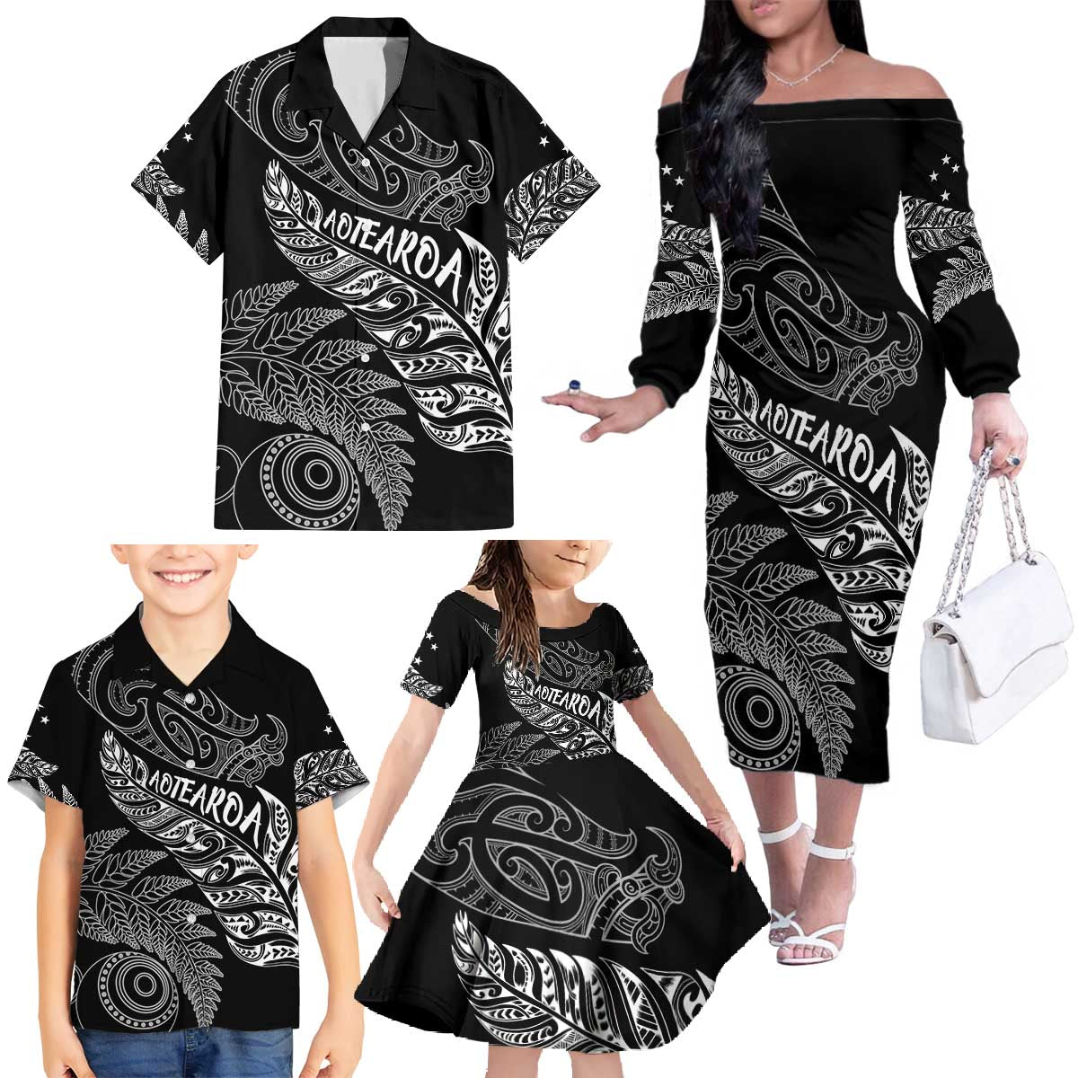 Aotearoa Personalized Lawn Bowls Maori Family Matching Off The Shoulder Long Sleeve Dress and Hawaiian Shirt New Zealand Black Tribal Silver Fern - Polynesian Pride