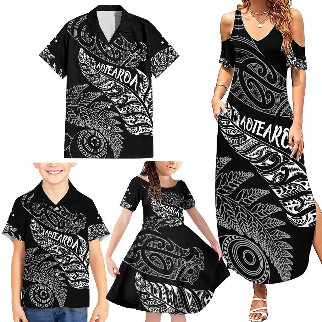 Aotearoa Personalized Lawn Bowls Maori Family Matching Summer Maxi Dress and Hawaiian Shirt New Zealand Black Tribal Silver Fern - Polynesian Pride