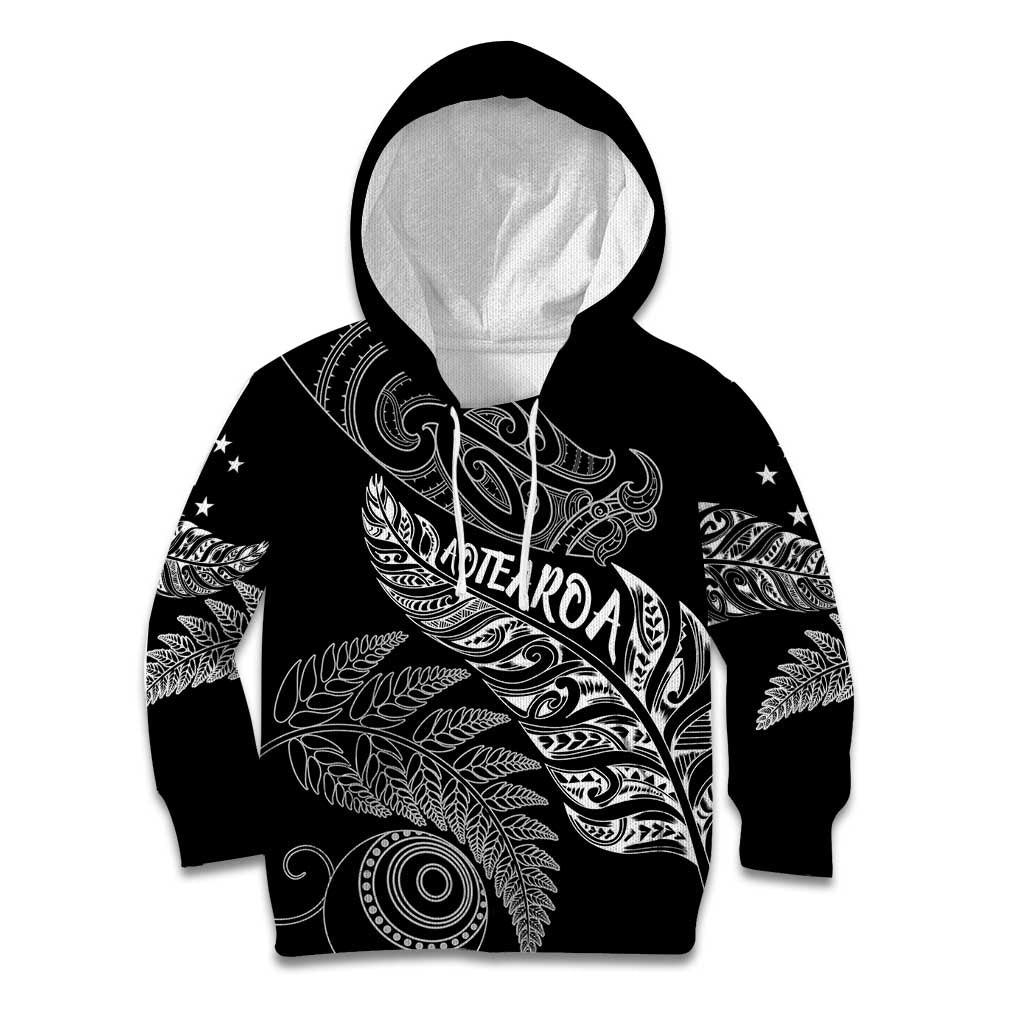 Aotearoa Personalized Lawn Bowls Maori Kid Hoodie New Zealand Black Tribal Silver Fern - Polynesian Pride