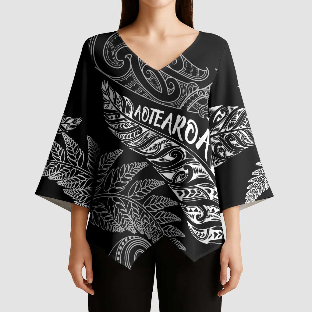Aotearoa Personalized Lawn Bowls Maori Kimono Sleeve Blouse New Zealand Black Tribal Silver Fern - Polynesian Pride