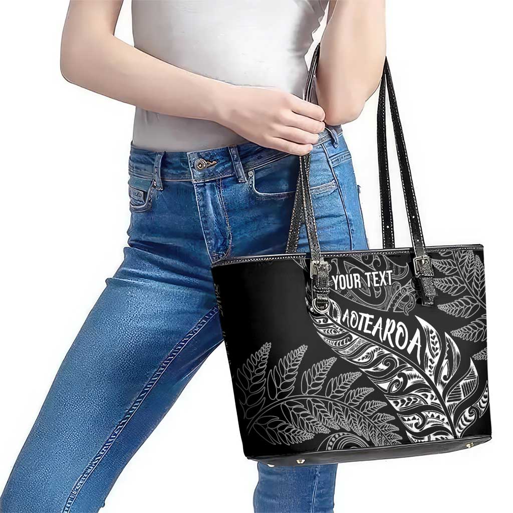 Aotearoa Personalized Lawn Bowls Maori Leather Tote Bag New Zealand Black Tribal Silver Fern - Polynesian Pride