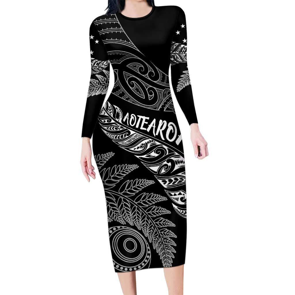 Aotearoa Personalized Lawn Bowls Maori Long Sleeve Bodycon Dress New Zealand Black Tribal Silver Fern - Polynesian Pride
