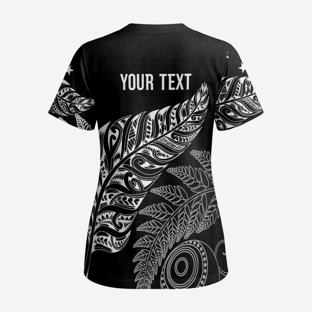 Aotearoa Personalized Lawn Bowls Maori Scrub Top New Zealand Black Tribal Silver Fern - Polynesian Pride