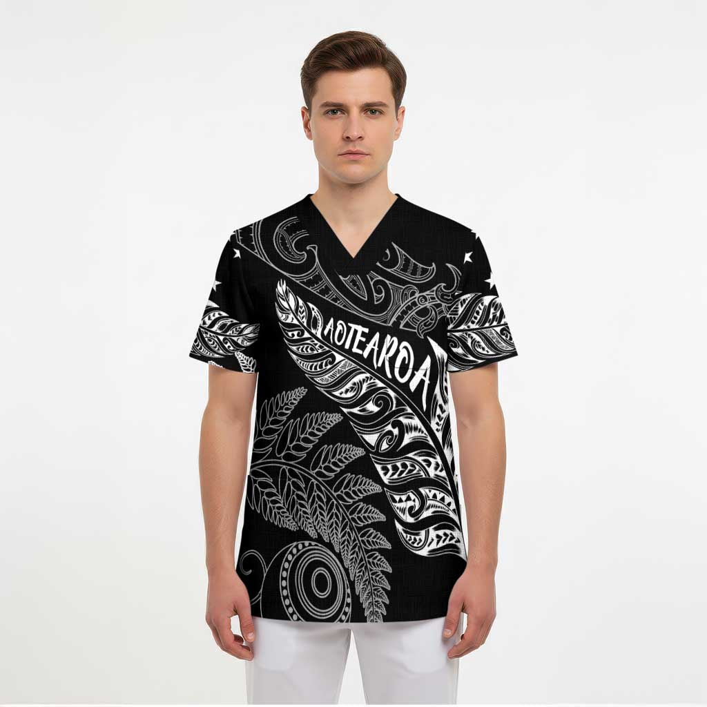 Aotearoa Personalized Lawn Bowls Maori Scrub Top New Zealand Black Tribal Silver Fern - Polynesian Pride