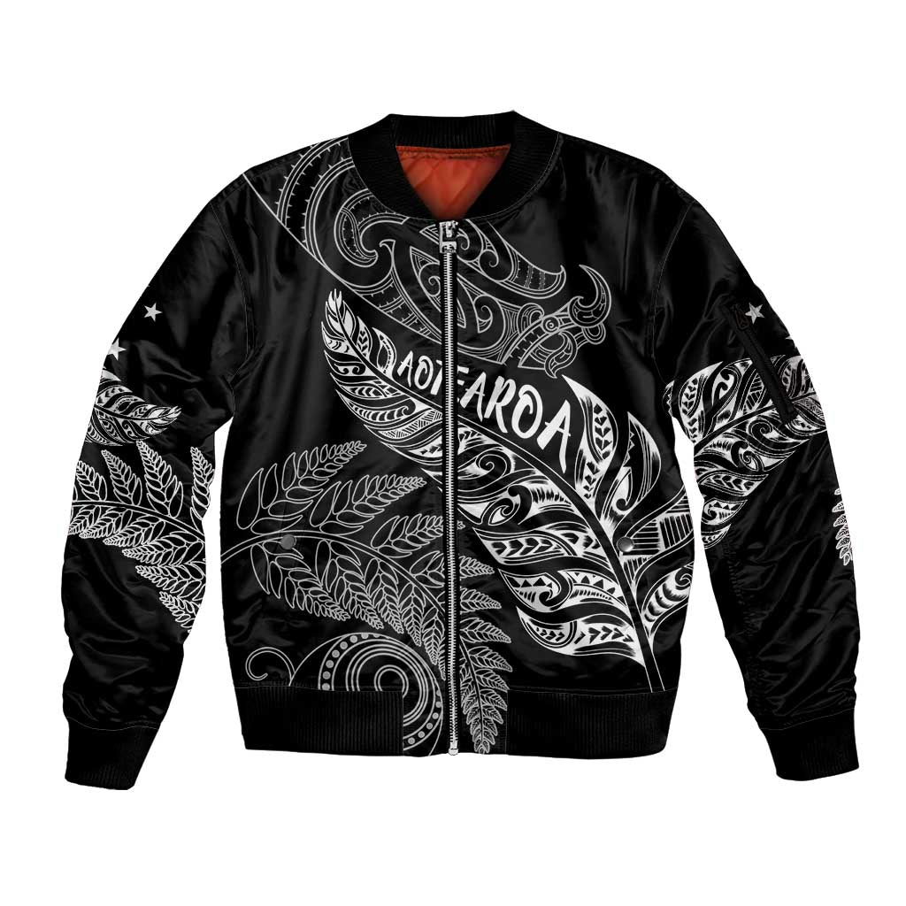 Aotearoa Personalized Lawn Bowls Maori Sleeve Zip Bomber Jacket New Zealand Black Tribal Silver Fern - Polynesian Pride