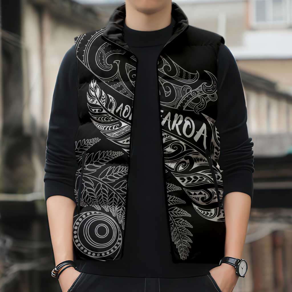 Aotearoa Personalized Lawn Bowls Maori Sleeveless Puffer Jacket New Zealand Black Tribal Silver Fern - Polynesian Pride