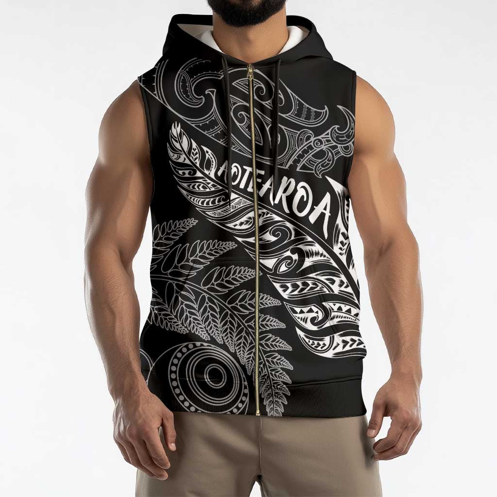 Aotearoa Personalized Lawn Bowls Maori Sleeveless Zip Hoodie New Zealand Black Tribal Silver Fern - Polynesian Pride