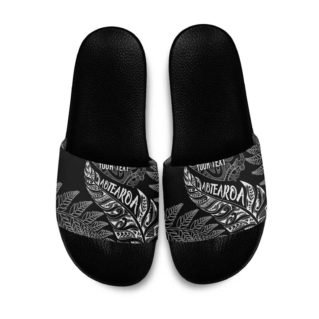 Aotearoa Personalized Lawn Bowls Maori Slide Sandals New Zealand Black Tribal Silver Fern - Polynesian Pride