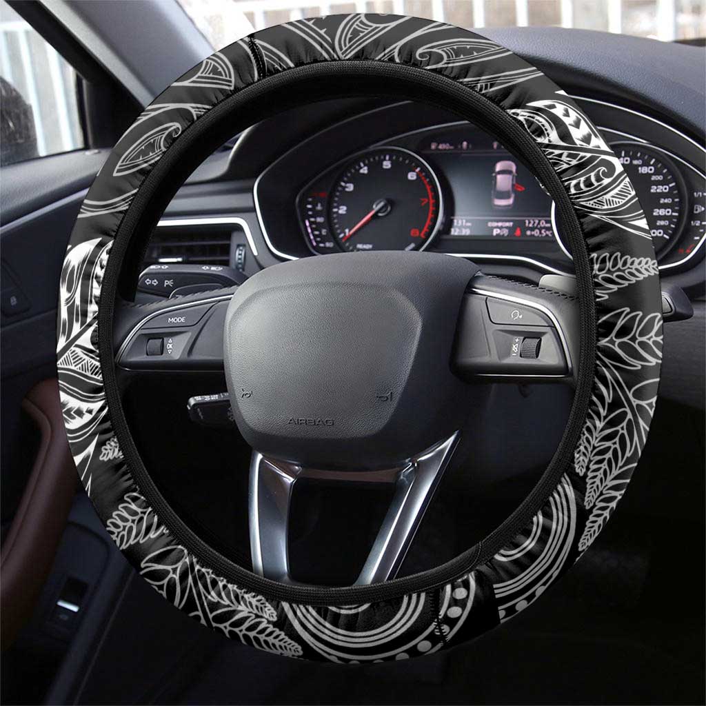 Aotearoa Lawn Bowls Maori Steering Wheel Cover New Zealand Black Tribal Silver Fern - Polynesian Pride