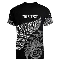 Aotearoa Personalized Lawn Bowls Maori Women V-Neck T-Shirt New Zealand Black Tribal Silver Fern - Polynesian Pride