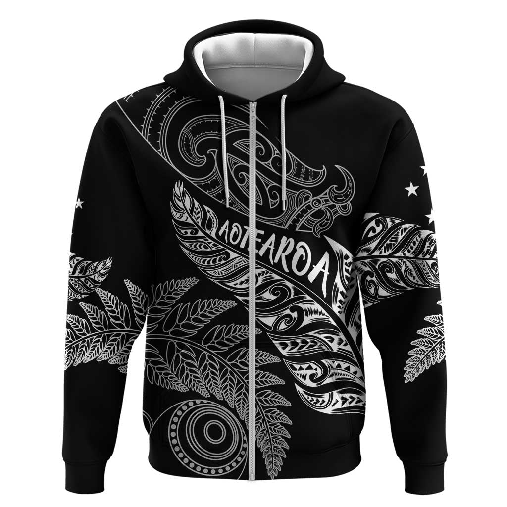 Aotearoa Personalized Lawn Bowls Maori Zip Hoodie New Zealand Black Tribal Silver Fern - Polynesian Pride