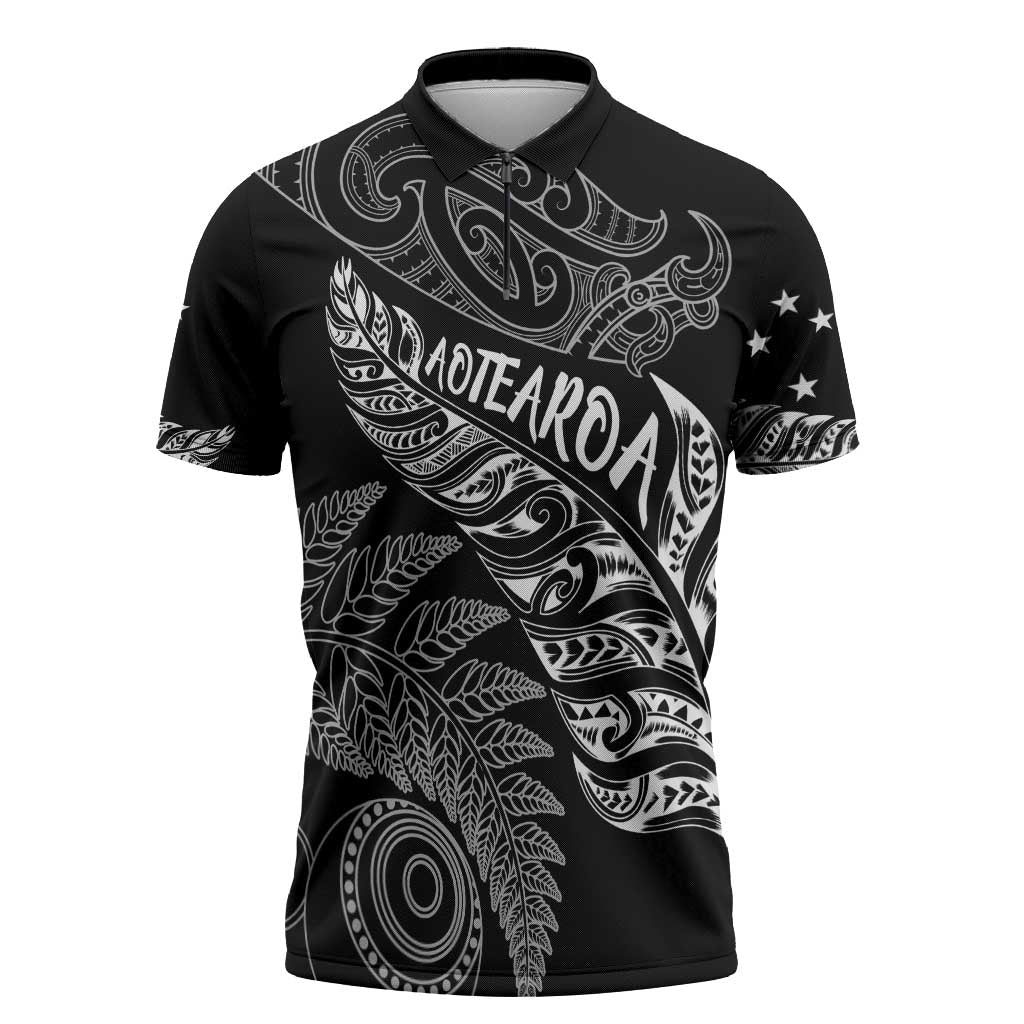 Aotearoa Personalized Lawn Bowls Maori Zipper Polo Shirt New Zealand Black Tribal Silver Fern - Polynesian Pride