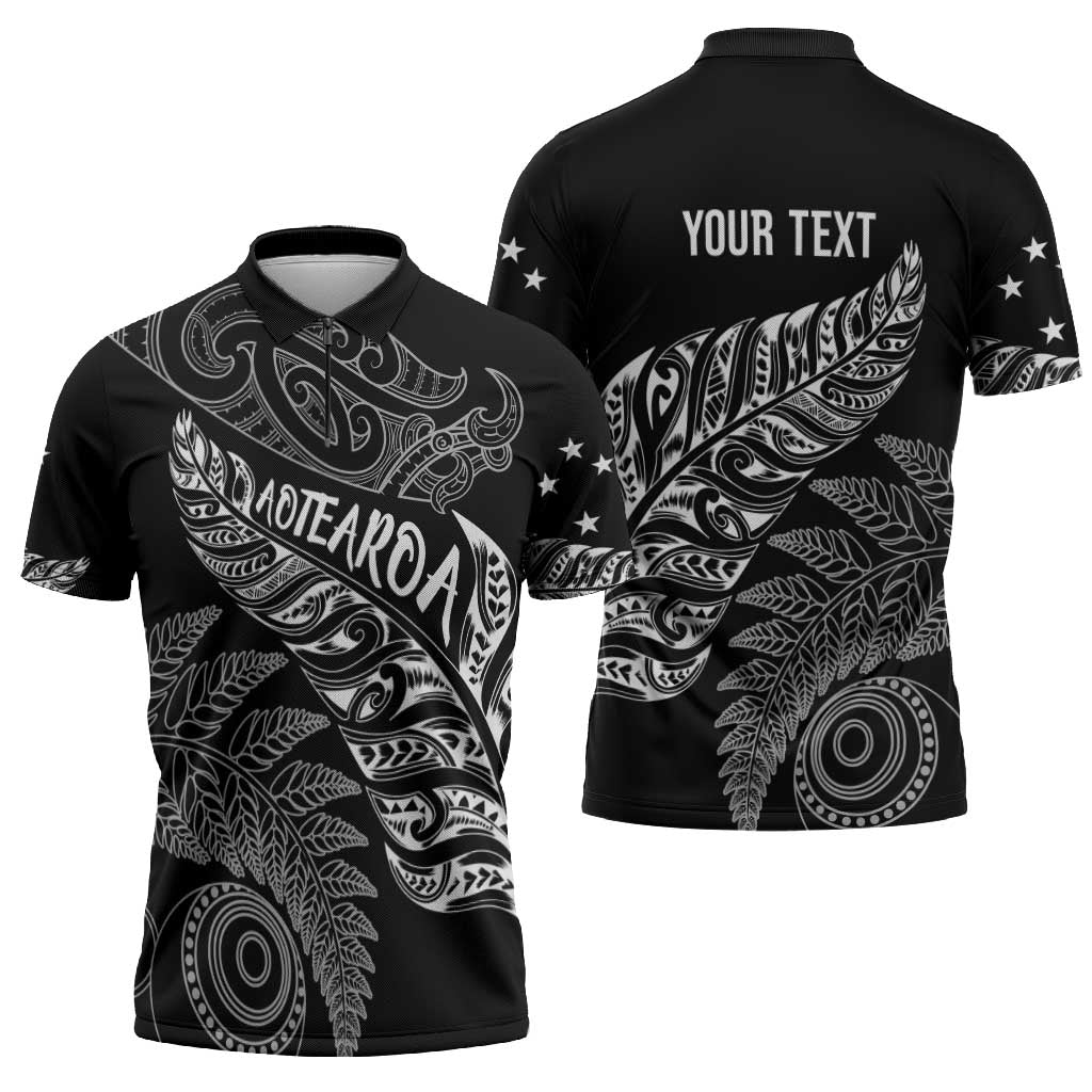 Aotearoa Personalized Lawn Bowls Maori Zipper Polo Shirt New Zealand Black Tribal Silver Fern - Polynesian Pride