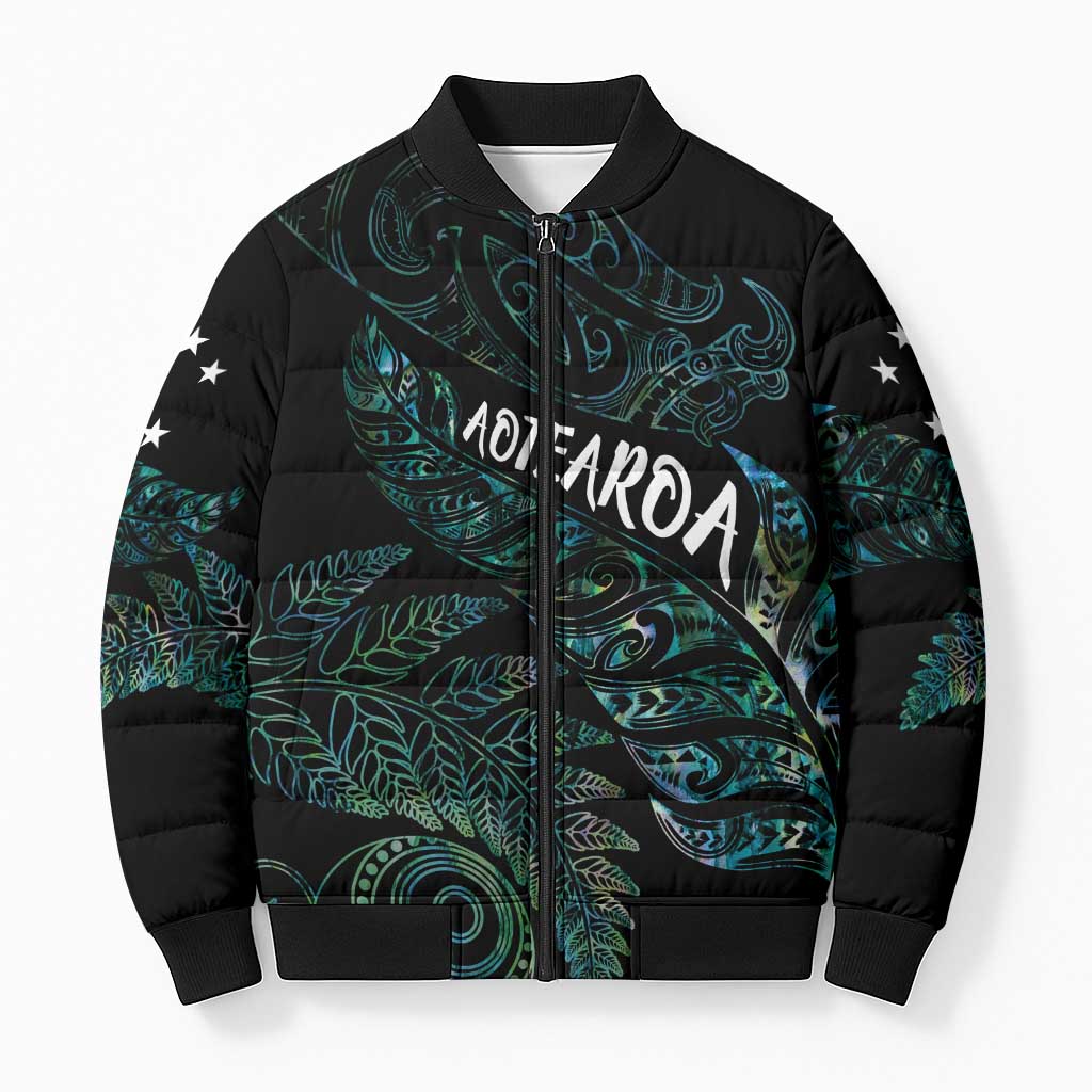 Aotearoa Personalized Lawn Bowls Maori Bomber Puffer Jacket New Zealand Paua Shell Tribal Silver Fern - Polynesian Pride