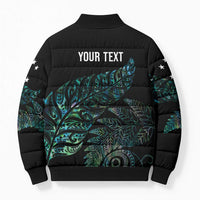 Aotearoa Personalized Lawn Bowls Maori Bomber Puffer Jacket New Zealand Paua Shell Tribal Silver Fern - Polynesian Pride