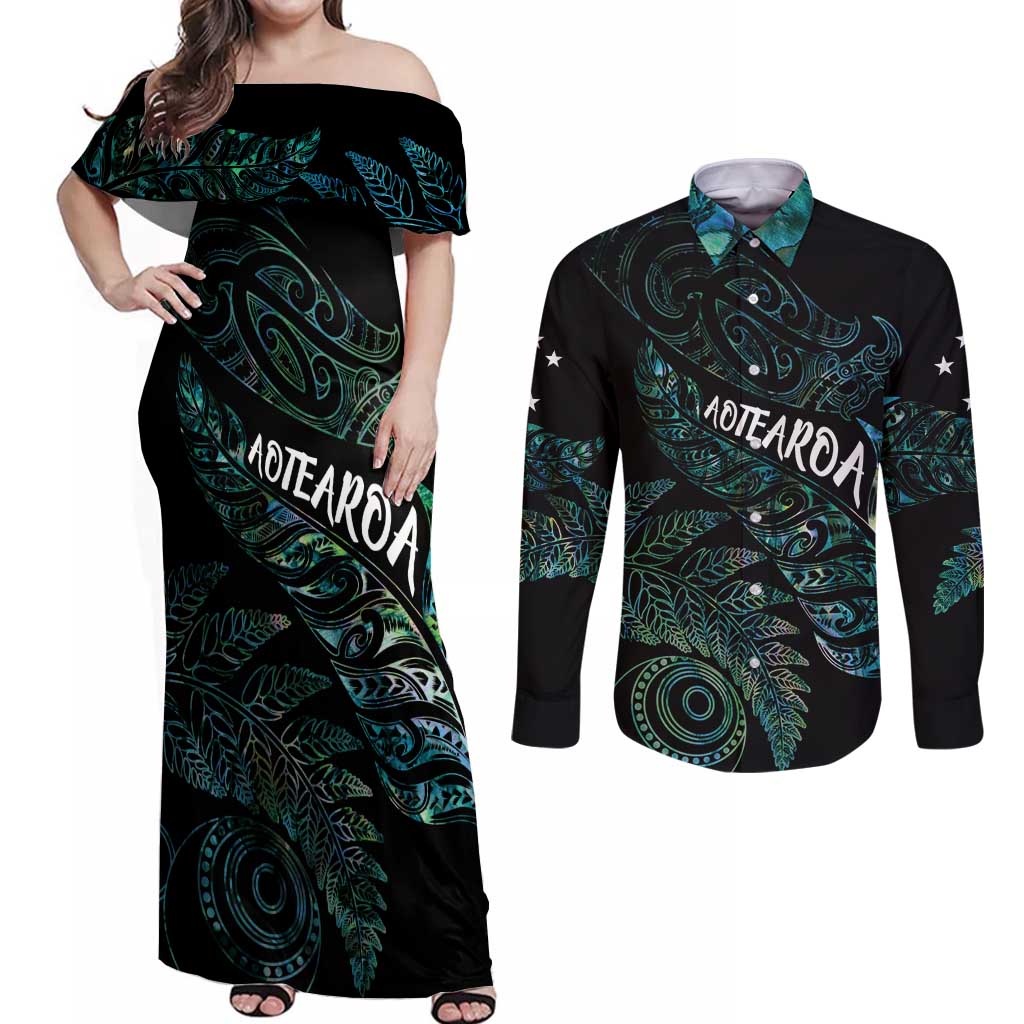 Aotearoa Personalized Lawn Bowls Maori Couples Matching Off Shoulder Maxi Dress and Long Sleeve Button Shirt New Zealand Paua Shell Tribal Silver Fern - Polynesian Pride