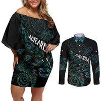Aotearoa Personalized Lawn Bowls Maori Couples Matching Off Shoulder Short Dress and Long Sleeve Button Shirt New Zealand Paua Shell Tribal Silver Fern - Polynesian Pride