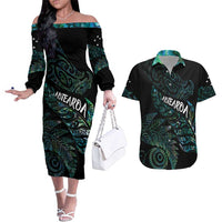 Aotearoa Personalized Lawn Bowls Maori Couples Matching Off The Shoulder Long Sleeve Dress and Hawaiian Shirt New Zealand Paua Shell Tribal Silver Fern - Polynesian Pride