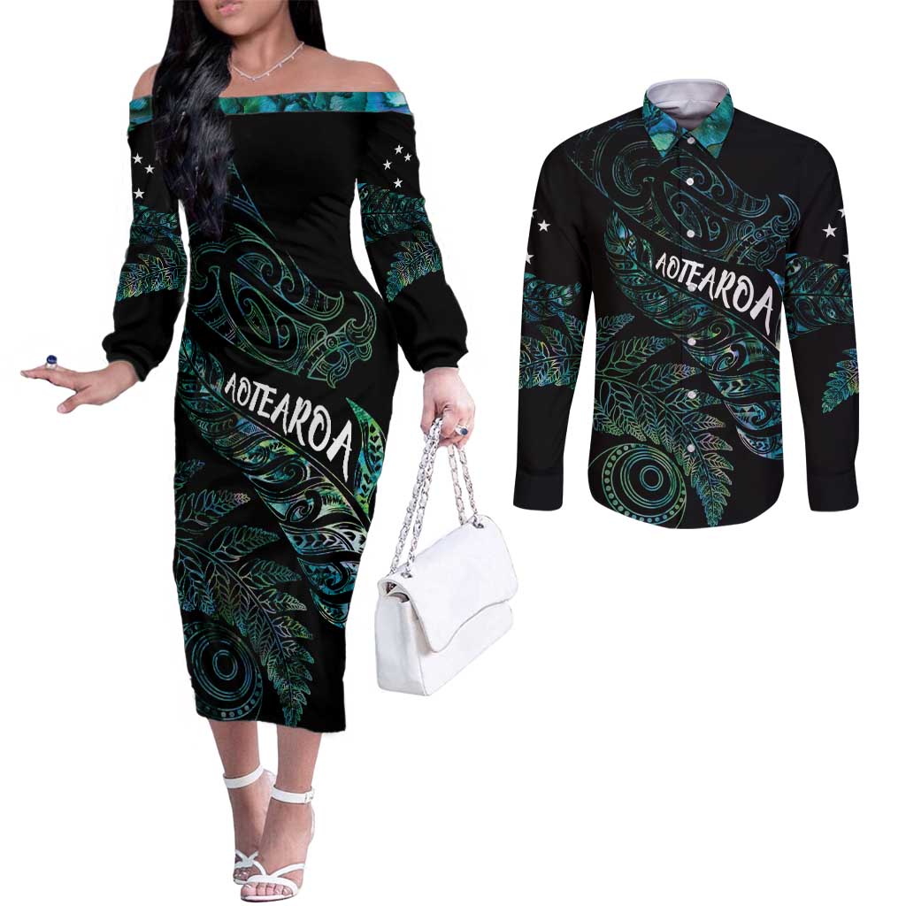 Aotearoa Personalized Lawn Bowls Maori Couples Matching Off The Shoulder Long Sleeve Dress and Long Sleeve Button Shirt New Zealand Paua Shell Tribal Silver Fern - Polynesian Pride