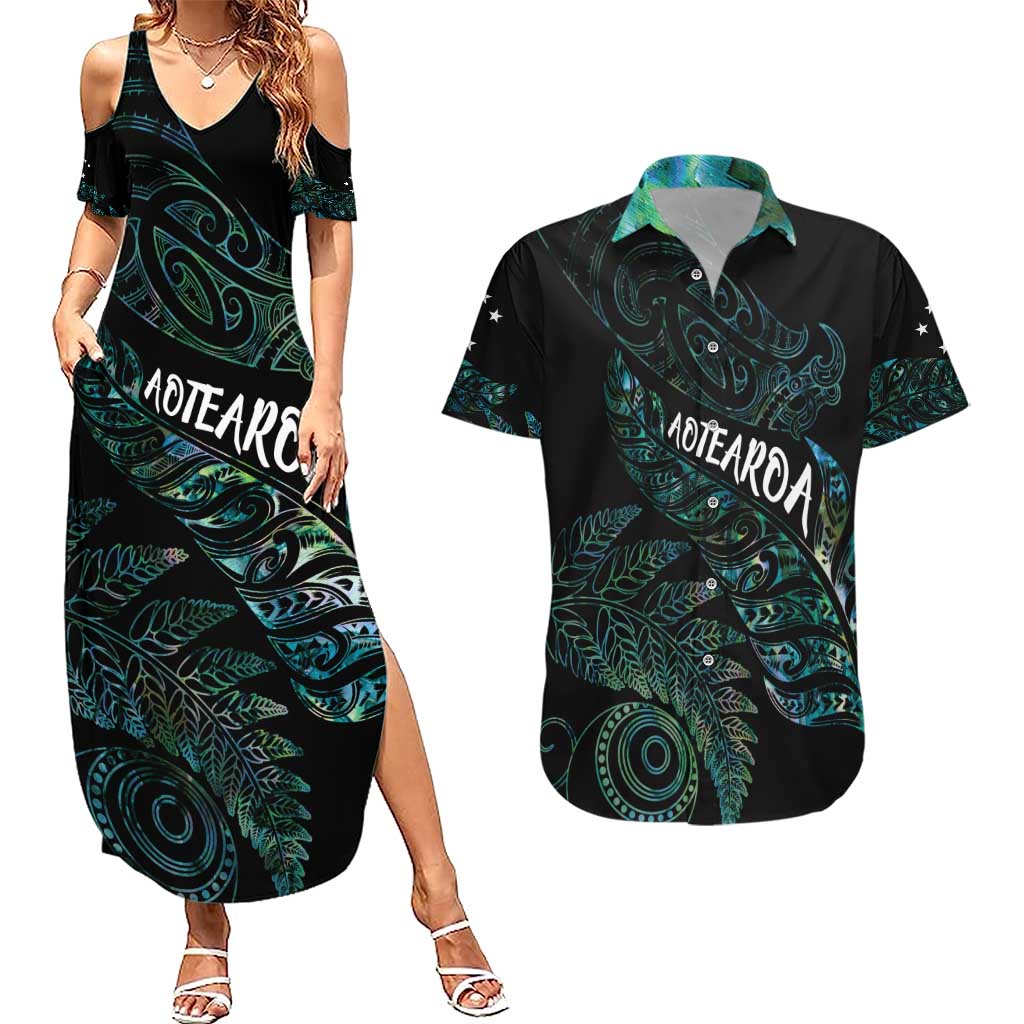 Aotearoa Personalized Lawn Bowls Maori Couples Matching Summer Maxi Dress and Hawaiian Shirt New Zealand Paua Shell Tribal Silver Fern - Polynesian Pride
