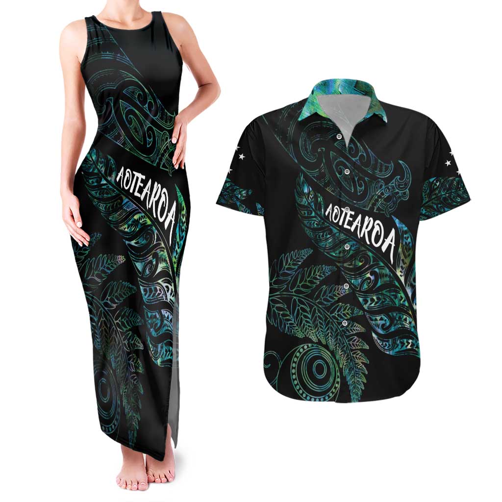Aotearoa Personalized Lawn Bowls Maori Couples Matching Tank Maxi Dress and Hawaiian Shirt New Zealand Paua Shell Tribal Silver Fern - Polynesian Pride