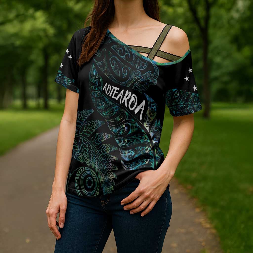 Aotearoa Personalized Lawn Bowls Maori Cross Shoulder Shirt New Zealand Paua Shell Tribal Silver Fern - Polynesian Pride