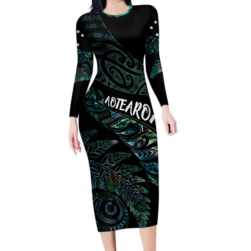 Aotearoa Personalized Lawn Bowls Maori Family Matching Long Sleeve Bodycon Dress and Hawaiian Shirt New Zealand Paua Shell Tribal Silver Fern - Polynesian Pride