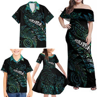 Aotearoa Personalized Lawn Bowls Maori Family Matching Off Shoulder Maxi Dress and Hawaiian Shirt New Zealand Paua Shell Tribal Silver Fern - Polynesian Pride