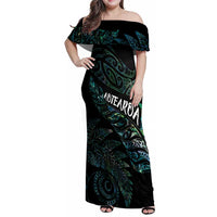 Aotearoa Personalized Lawn Bowls Maori Family Matching Off Shoulder Maxi Dress and Hawaiian Shirt New Zealand Paua Shell Tribal Silver Fern - Polynesian Pride