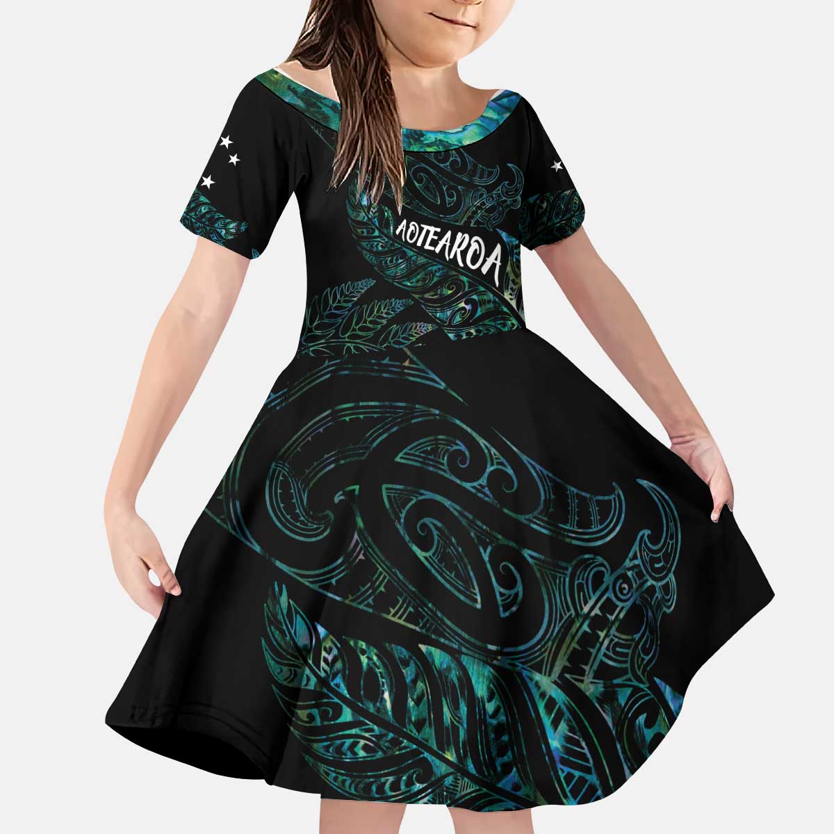 Aotearoa Personalized Lawn Bowls Maori Kid Short Sleeve Dress New Zealand Paua Shell Tribal Silver Fern - Polynesian Pride