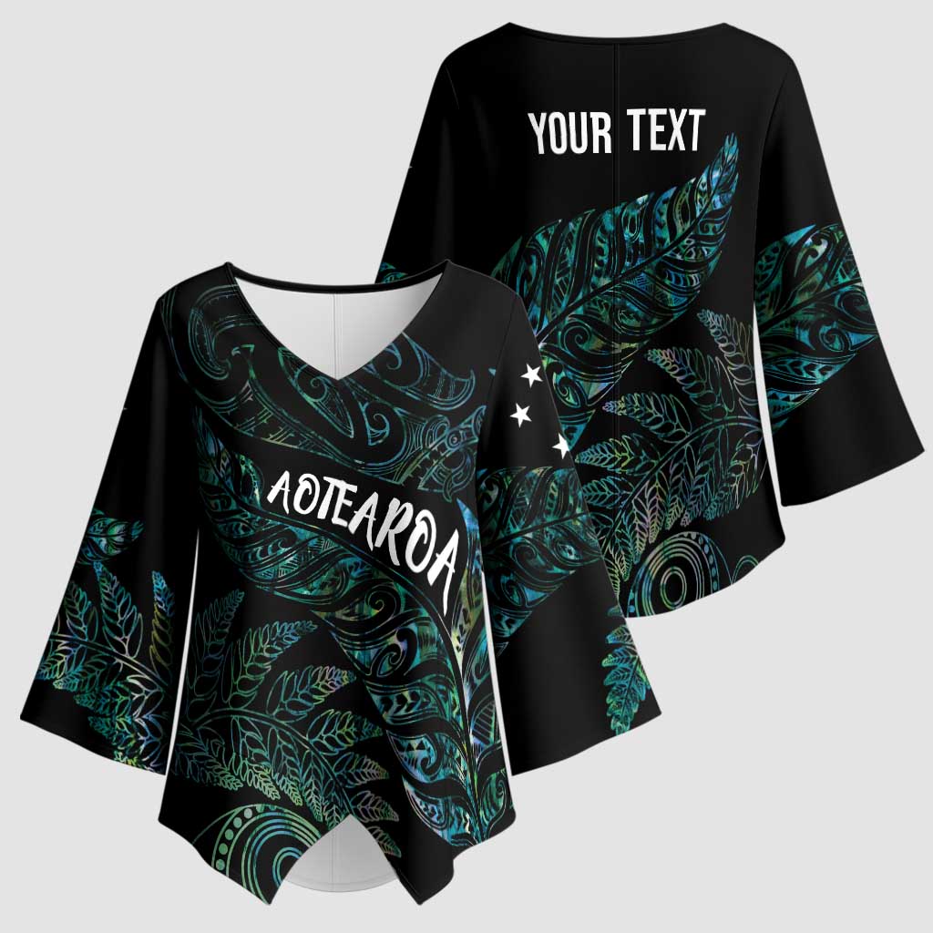 Aotearoa Personalized Lawn Bowls Maori Kimono Sleeve Blouse New Zealand Paua Shell Tribal Silver Fern - Polynesian Pride