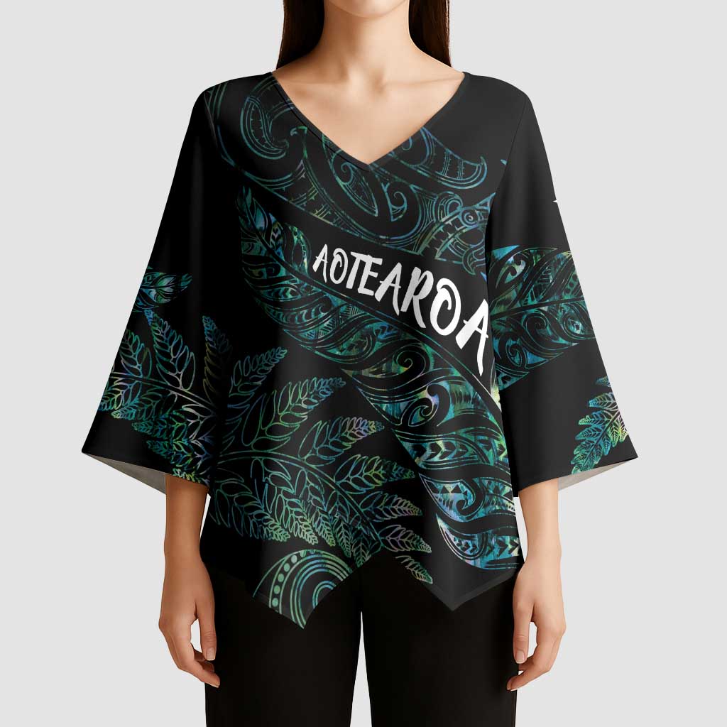Aotearoa Personalized Lawn Bowls Maori Kimono Sleeve Blouse New Zealand Paua Shell Tribal Silver Fern - Polynesian Pride