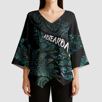Aotearoa Personalized Lawn Bowls Maori Kimono Sleeve Blouse New Zealand Paua Shell Tribal Silver Fern - Polynesian Pride