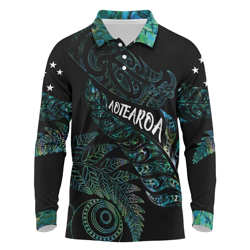 Aotearoa Personalized Lawn Bowls Maori Long Sleeve Polo Shirt New Zealand Paua Shell Tribal Silver Fern - Polynesian Pride