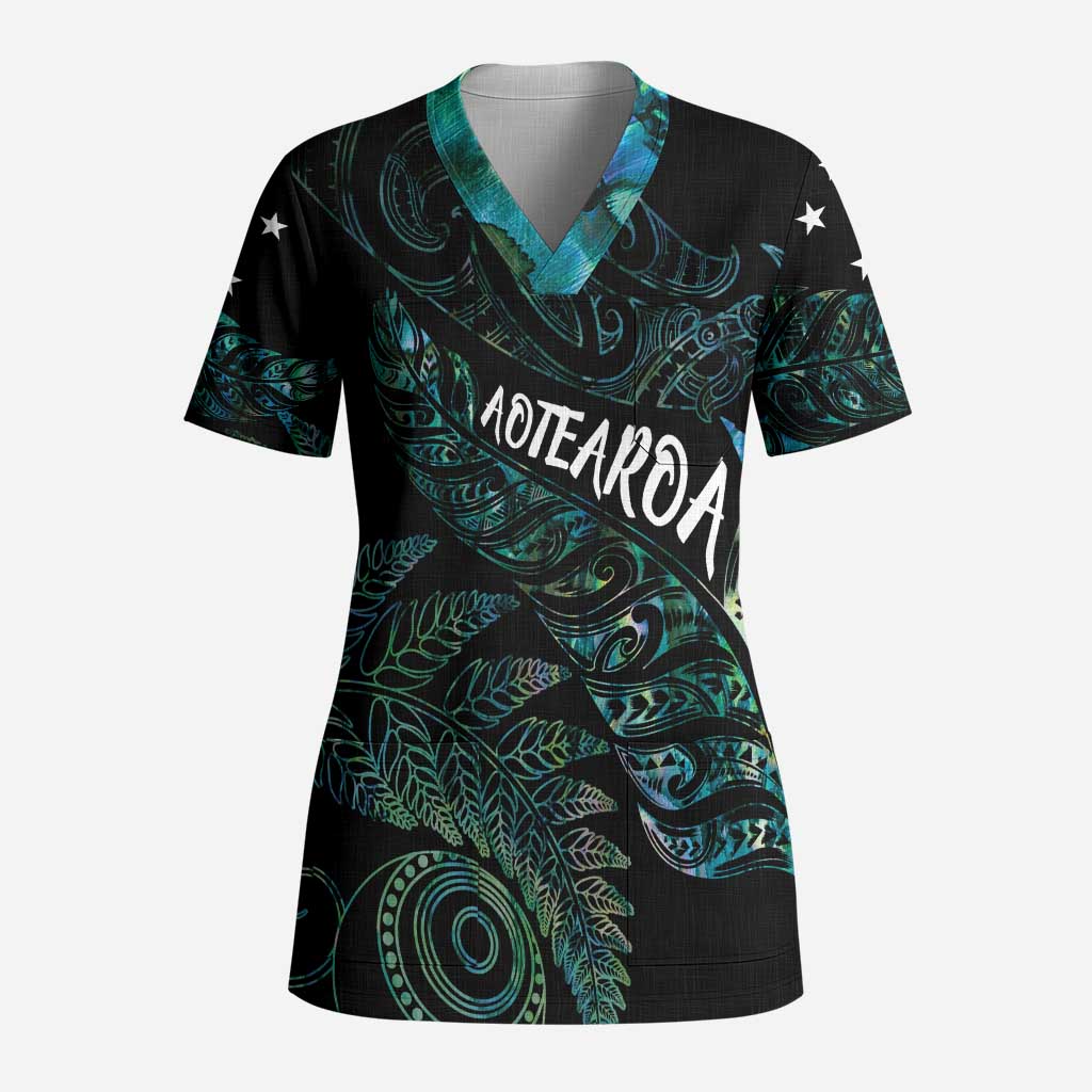 Aotearoa Personalized Lawn Bowls Maori Scrub Top New Zealand Paua Shell Tribal Silver Fern - Polynesian Pride