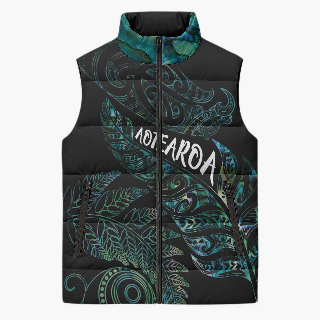Aotearoa Personalized Lawn Bowls Maori Sleeveless Puffer Jacket New Zealand Paua Shell Tribal Silver Fern - Polynesian Pride