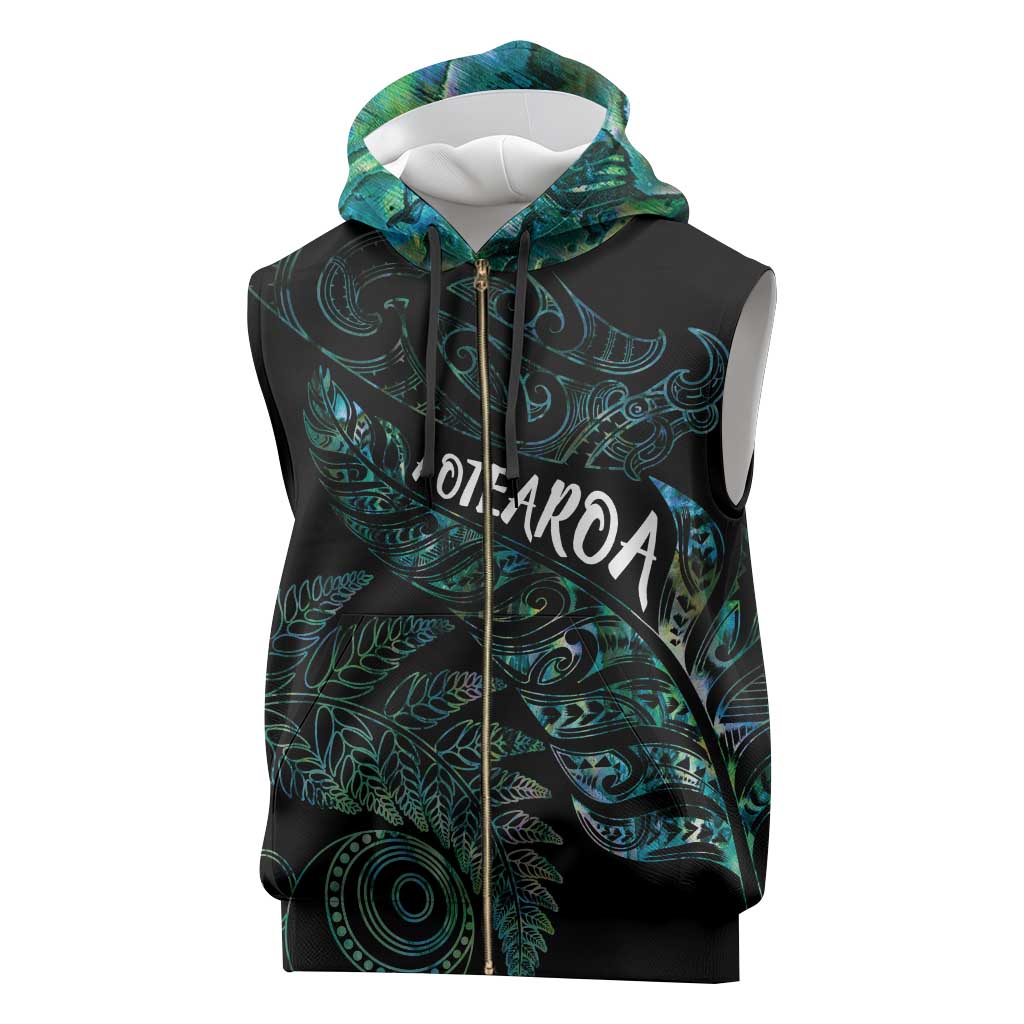 Aotearoa Personalized Lawn Bowls Maori Sleeveless Zip Hoodie New Zealand Paua Shell Tribal Silver Fern - Polynesian Pride