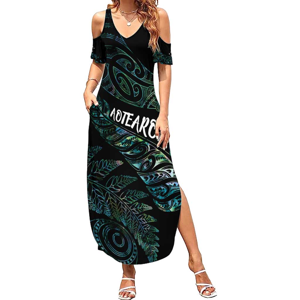 Aotearoa Personalized Lawn Bowls Maori Summer Maxi Dress New Zealand Paua Shell Tribal Silver Fern - Polynesian Pride