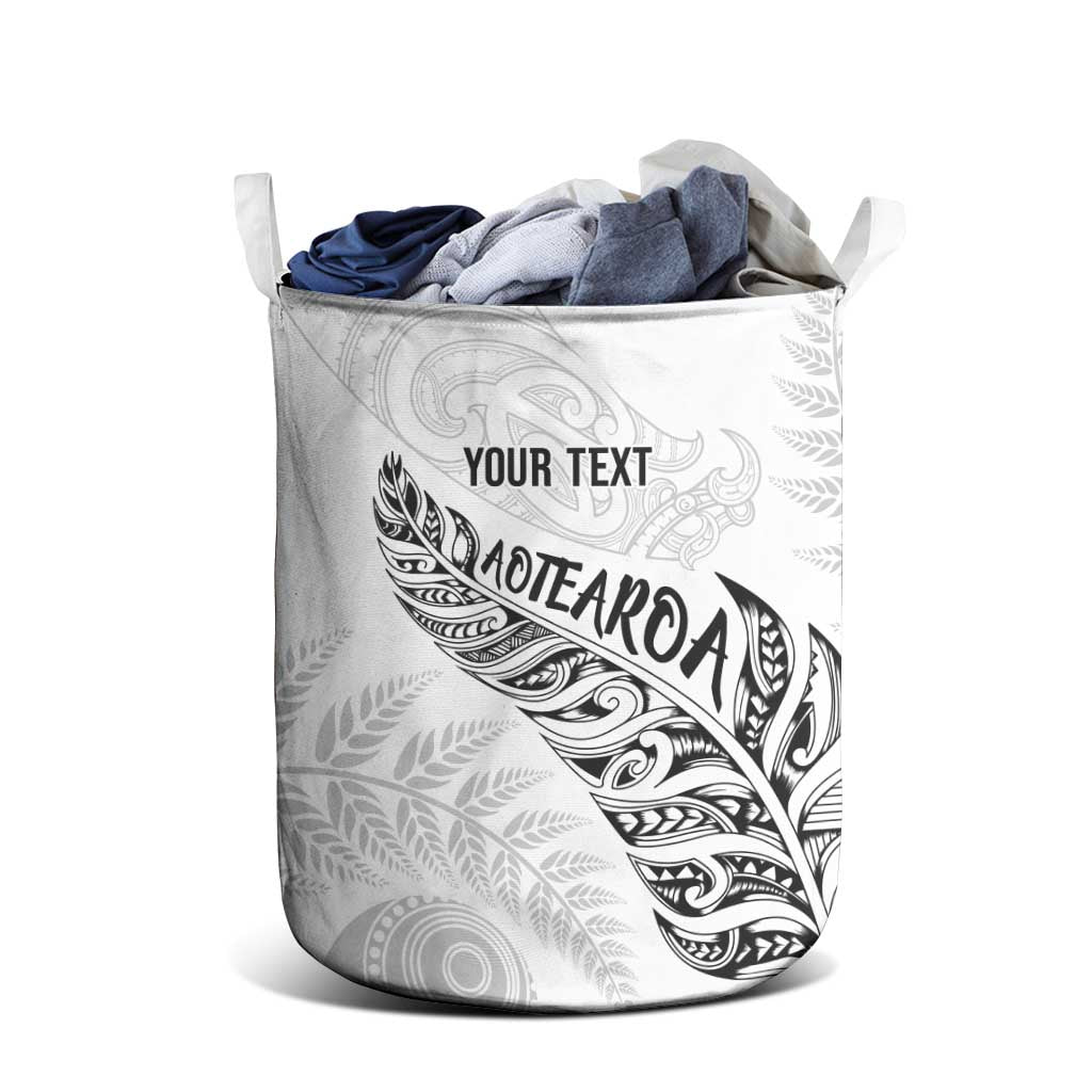 Aotearoa Personalized Lawn Bowls Maori Laundry Basket New Zealand White Tribal Silver Fern - Polynesian Pride