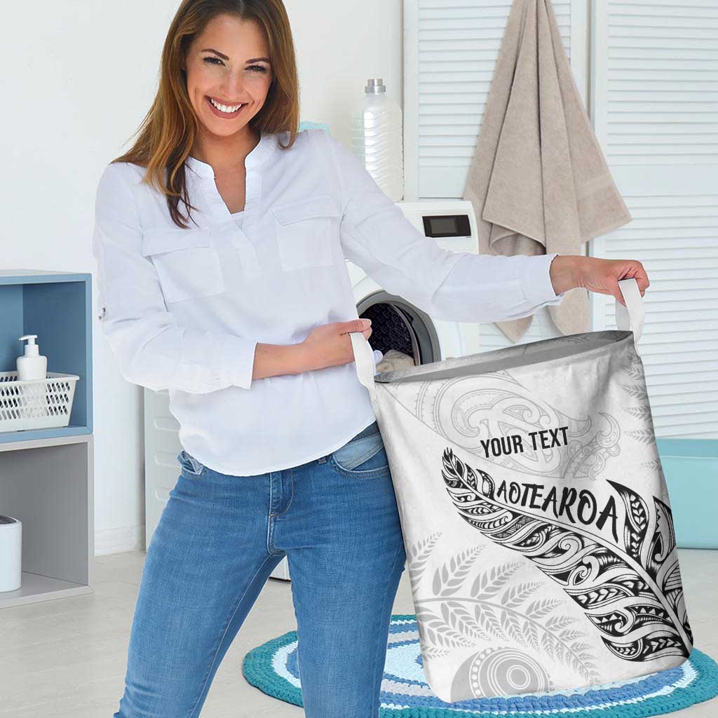 Aotearoa Personalized Lawn Bowls Maori Laundry Basket New Zealand White Tribal Silver Fern - Polynesian Pride