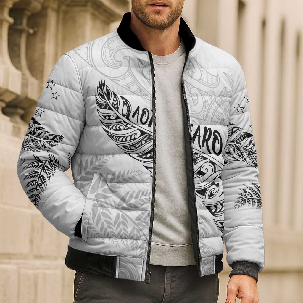 Aotearoa Personalized Lawn Bowls Maori Bomber Puffer Jacket New Zealand White Tribal Silver Fern - Polynesian Pride