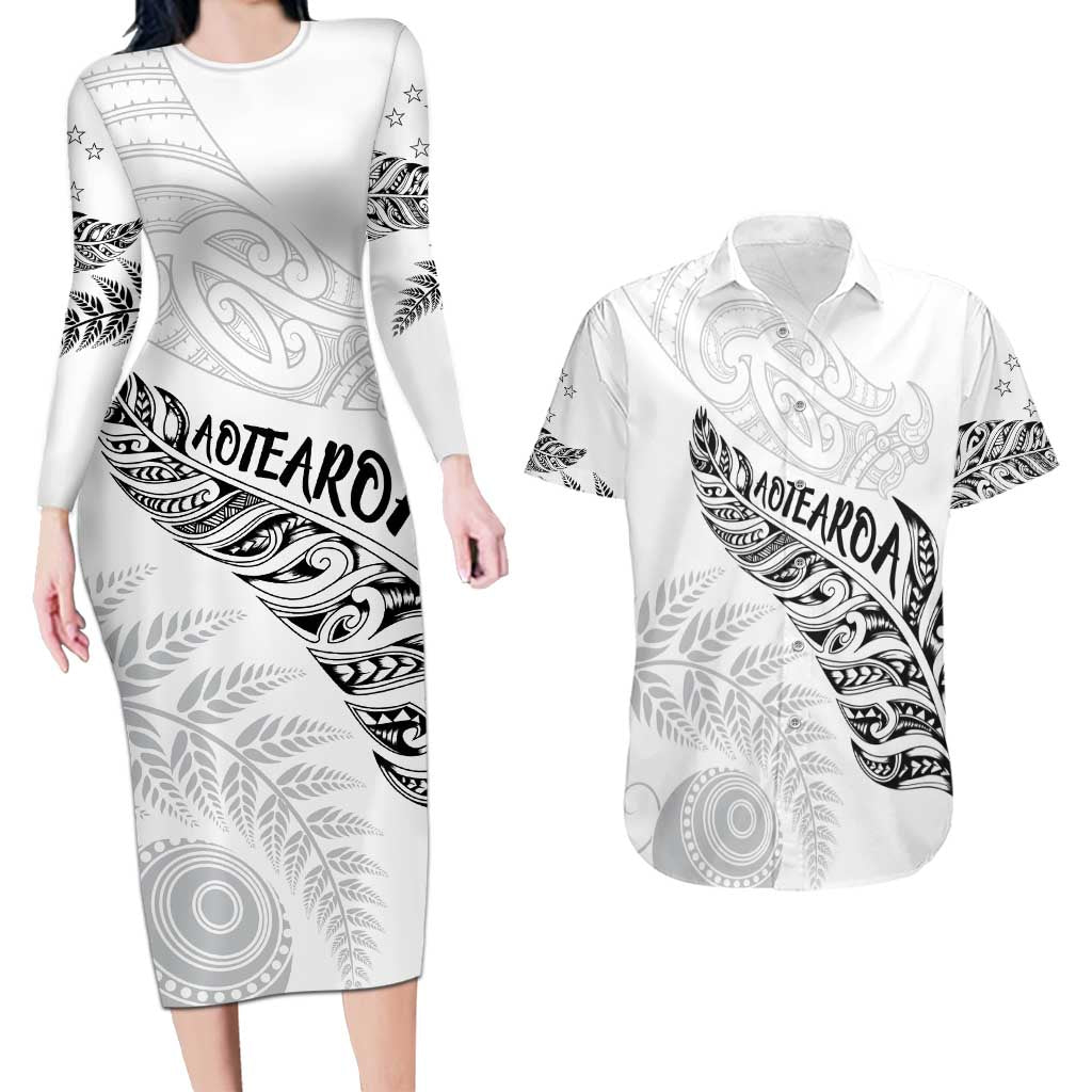Aotearoa Personalized Lawn Bowls Maori Couples Matching Long Sleeve Bodycon Dress and Hawaiian Shirt New Zealand White Tribal Silver Fern - Polynesian Pride