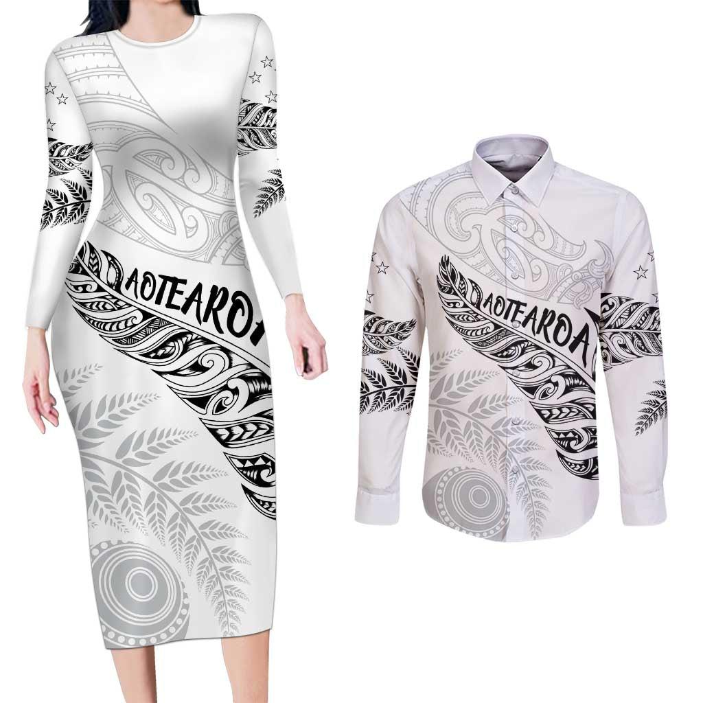 Aotearoa Personalized Lawn Bowls Maori Couples Matching Long Sleeve Bodycon Dress and Long Sleeve Button Shirt New Zealand White Tribal Silver Fern - Polynesian Pride