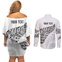 Aotearoa Personalized Lawn Bowls Maori Couples Matching Off Shoulder Short Dress and Long Sleeve Button Shirt New Zealand White Tribal Silver Fern - Polynesian Pride