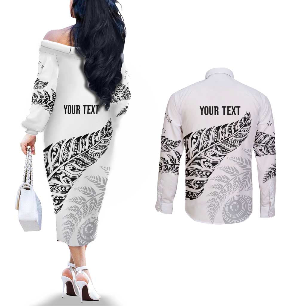 Aotearoa Personalized Lawn Bowls Maori Couples Matching Off The Shoulder Long Sleeve Dress and Long Sleeve Button Shirt New Zealand White Tribal Silver Fern - Polynesian Pride