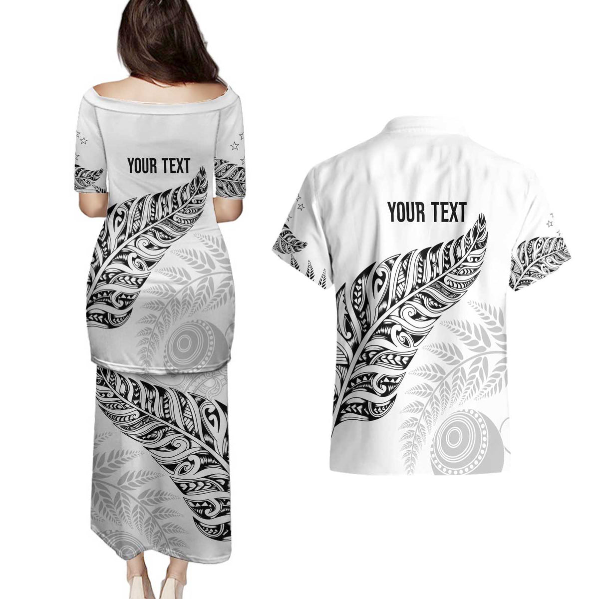 Aotearoa Personalized Lawn Bowls Maori Couples Matching Puletasi and Hawaiian Shirt New Zealand White Tribal Silver Fern - Polynesian Pride