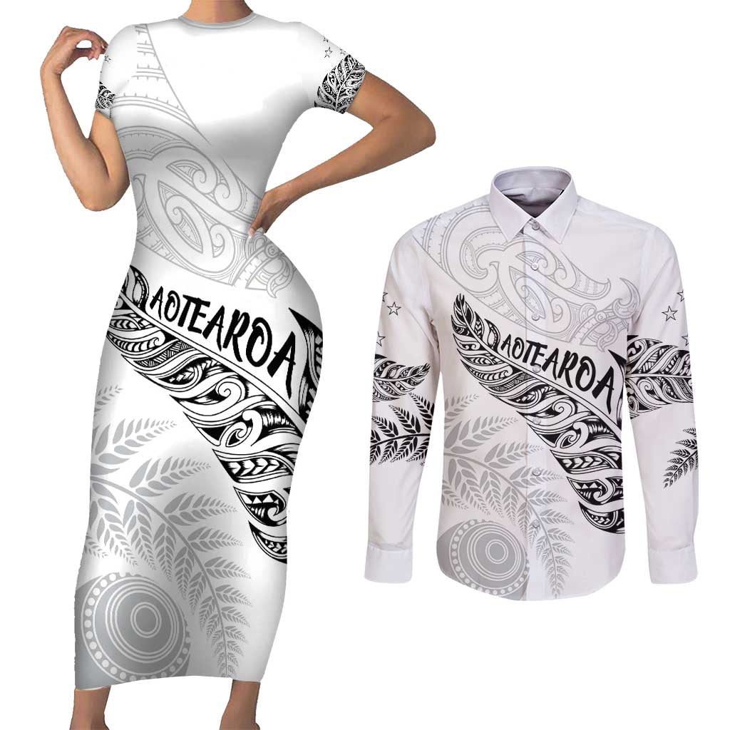 Aotearoa Personalized Lawn Bowls Maori Couples Matching Short Sleeve Bodycon Dress and Long Sleeve Button Shirt New Zealand White Tribal Silver Fern - Polynesian Pride
